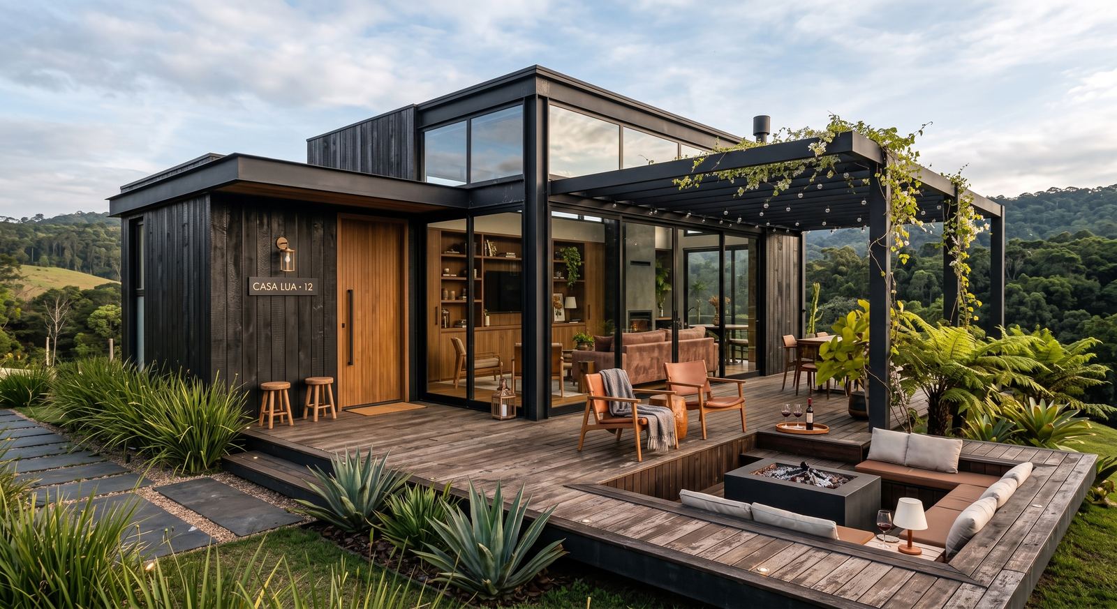 Deck de madeira com pergolado metálico e vista para a mata, ao lado de uma casa modular.