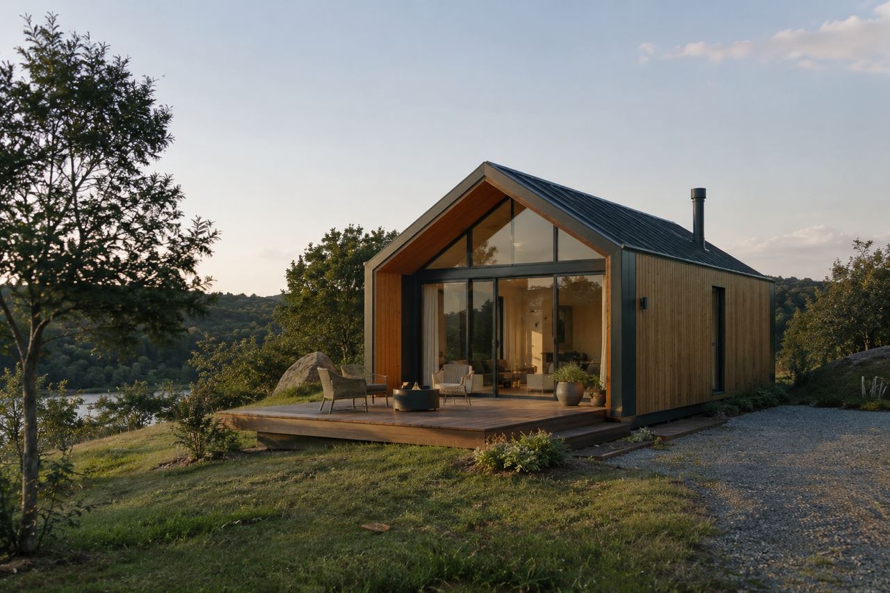 Casa modular com frontão envidraçado e deck de madeira, à beira de um lago.