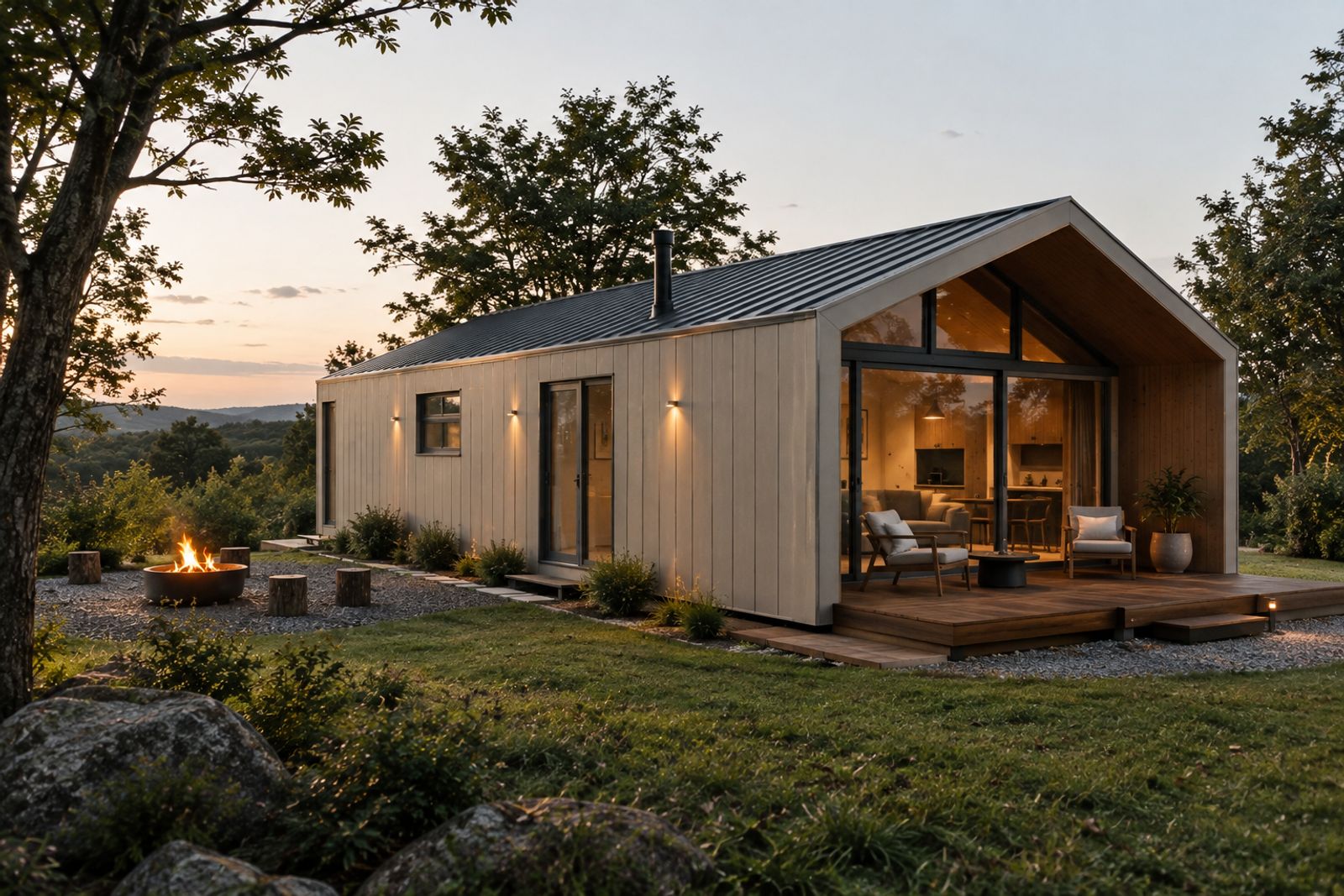 Casa modular de duas águas em painéis claros, com frontão envidraçado e deck iluminado ao entardecer.
