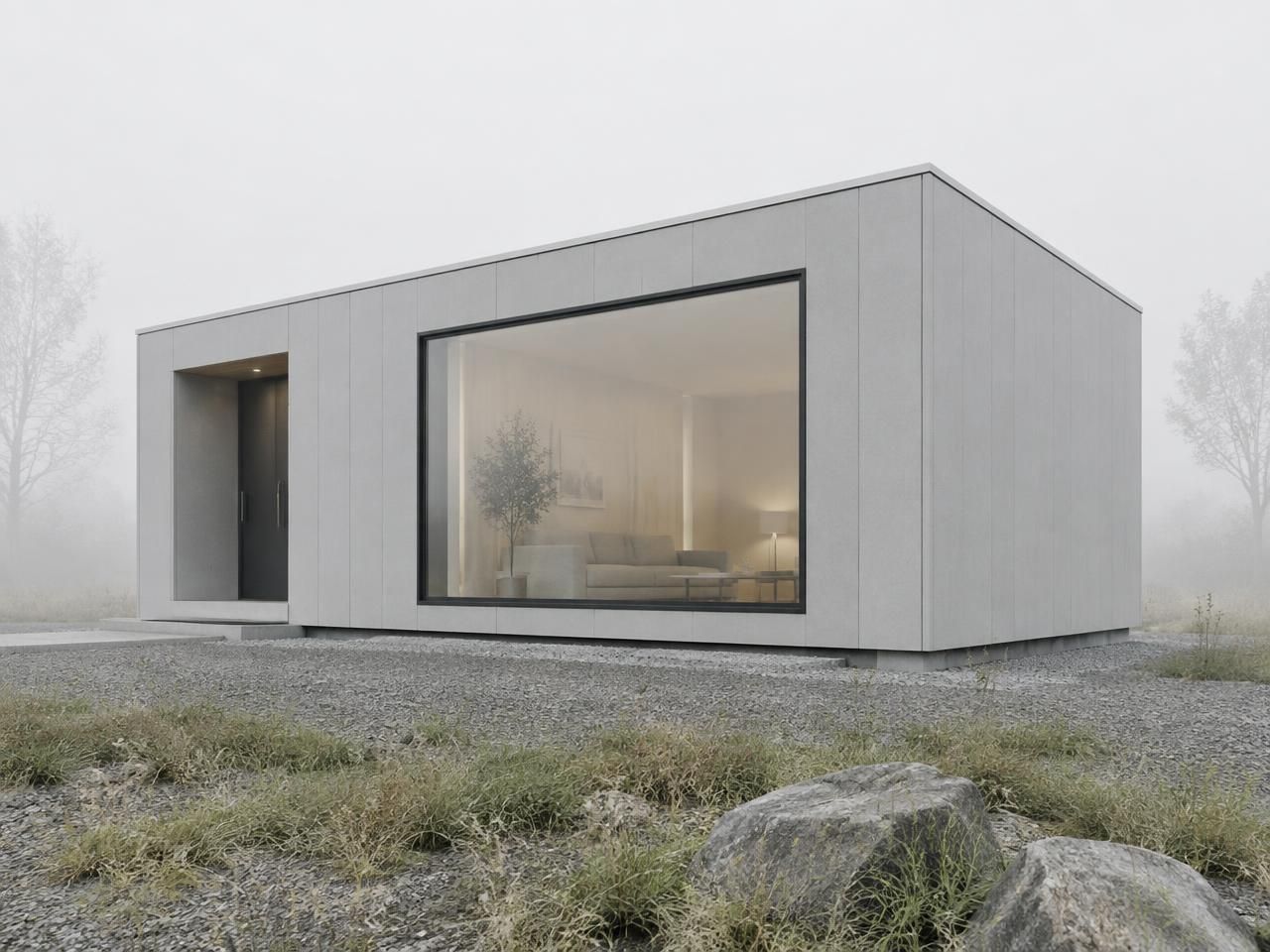Casa modular de um módulo em painéis claros, com janela panorâmica e entrada recuada.