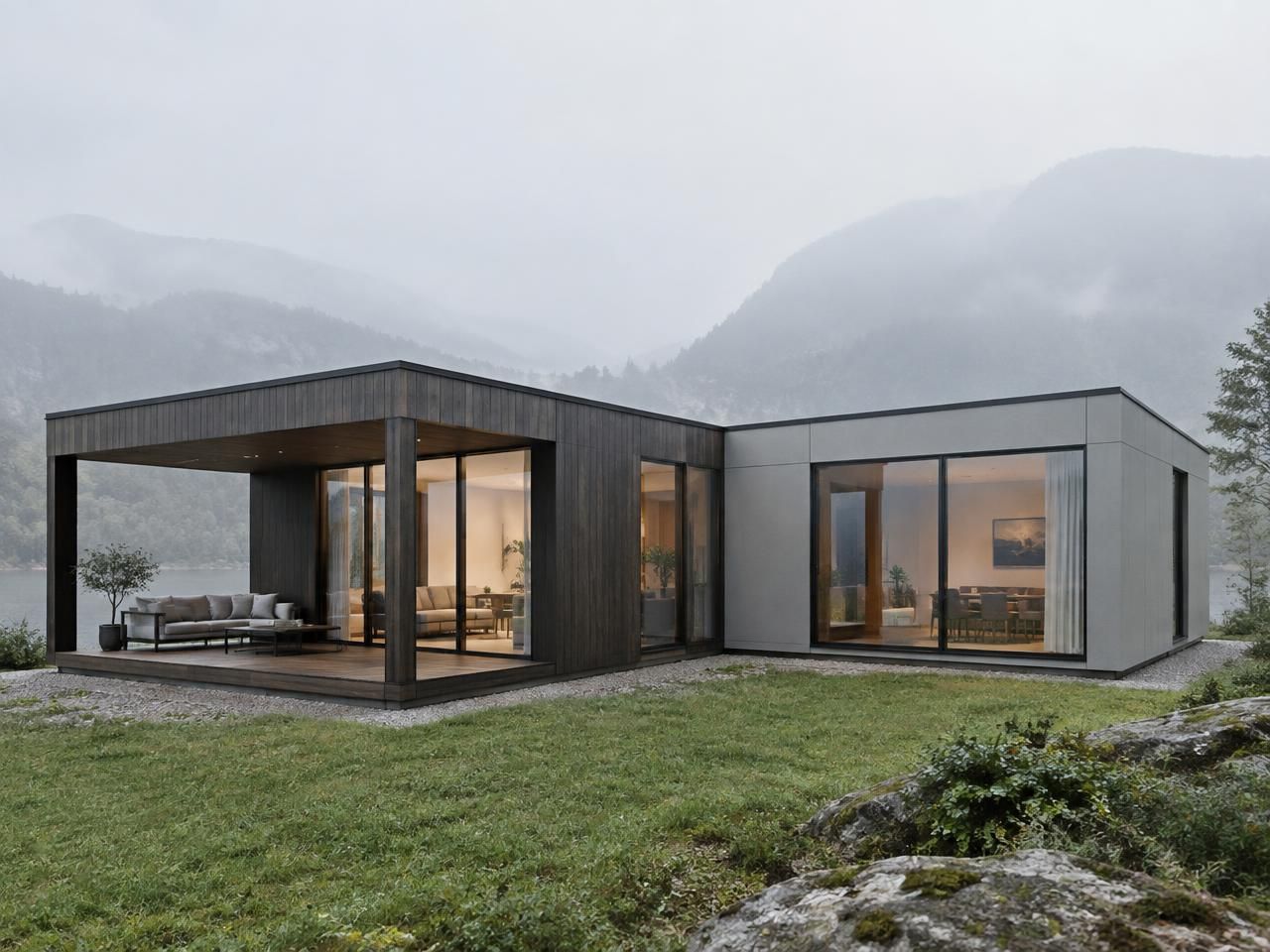 Casa modular em “L” com um volume em madeira escura e outro em painel claro, com deck coberto voltado para o lago.