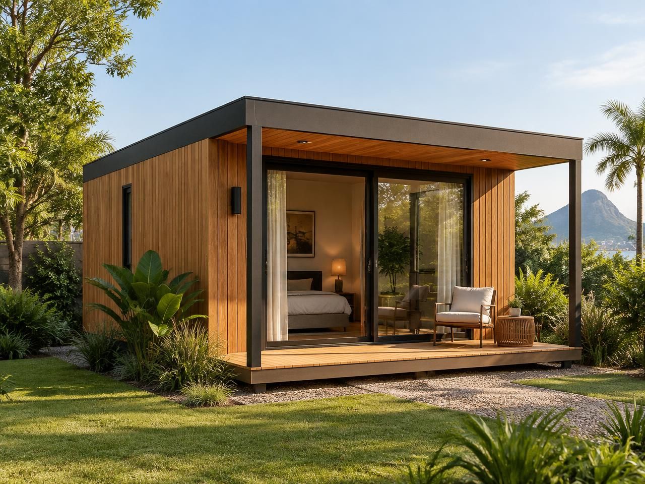 Casa modular térrea revestida em madeira, com varanda coberta pela própria laje e porta de correr envidraçada aberta para o jardim.
